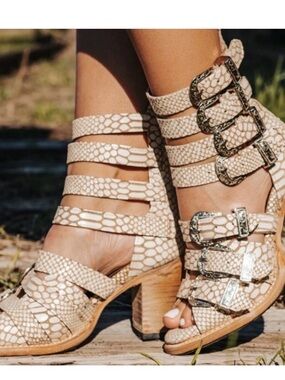 Freebird by Steven Beige Snake-Print Multi-Strap Block Heel Sandals with Buckles